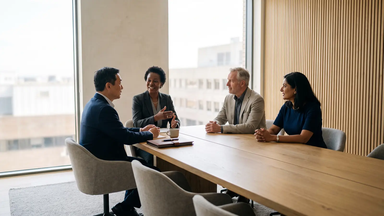 Senior leaders reviewing the numbers in a calm Boston boardroom